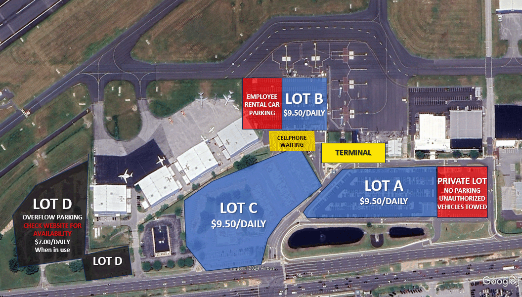 Map of ILG Parking Lots A B C used on a daily basis plus Lot D for Overflow check website or airport signs for availability as of December 9, 2024 at Wilmington Airport