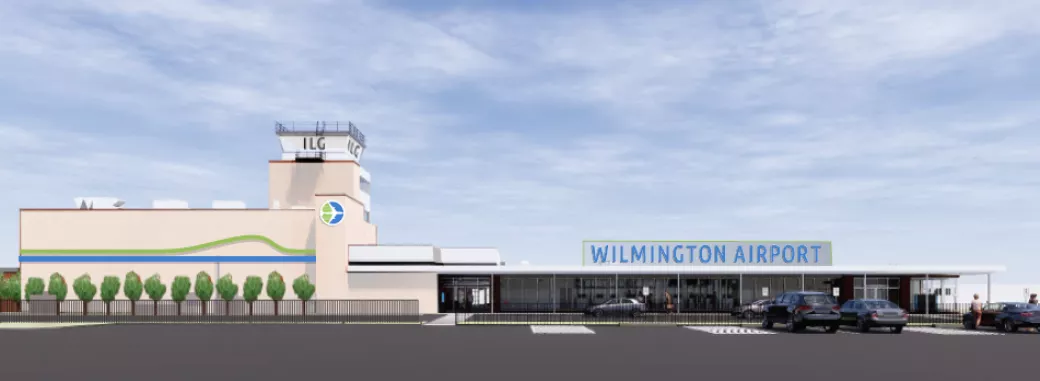 Rendering of the future terminal expansion redesign of the terminal exterior of Wilmington Airport ILG due to be completed in Summer 2025