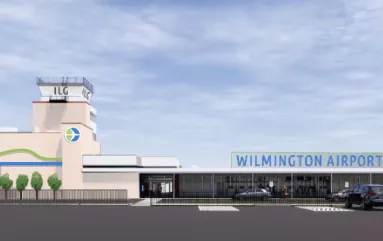 Rendering of the future terminal expansion redesign of the terminal exterior of Wilmington Airport ILG due to be completed in Summer 2025